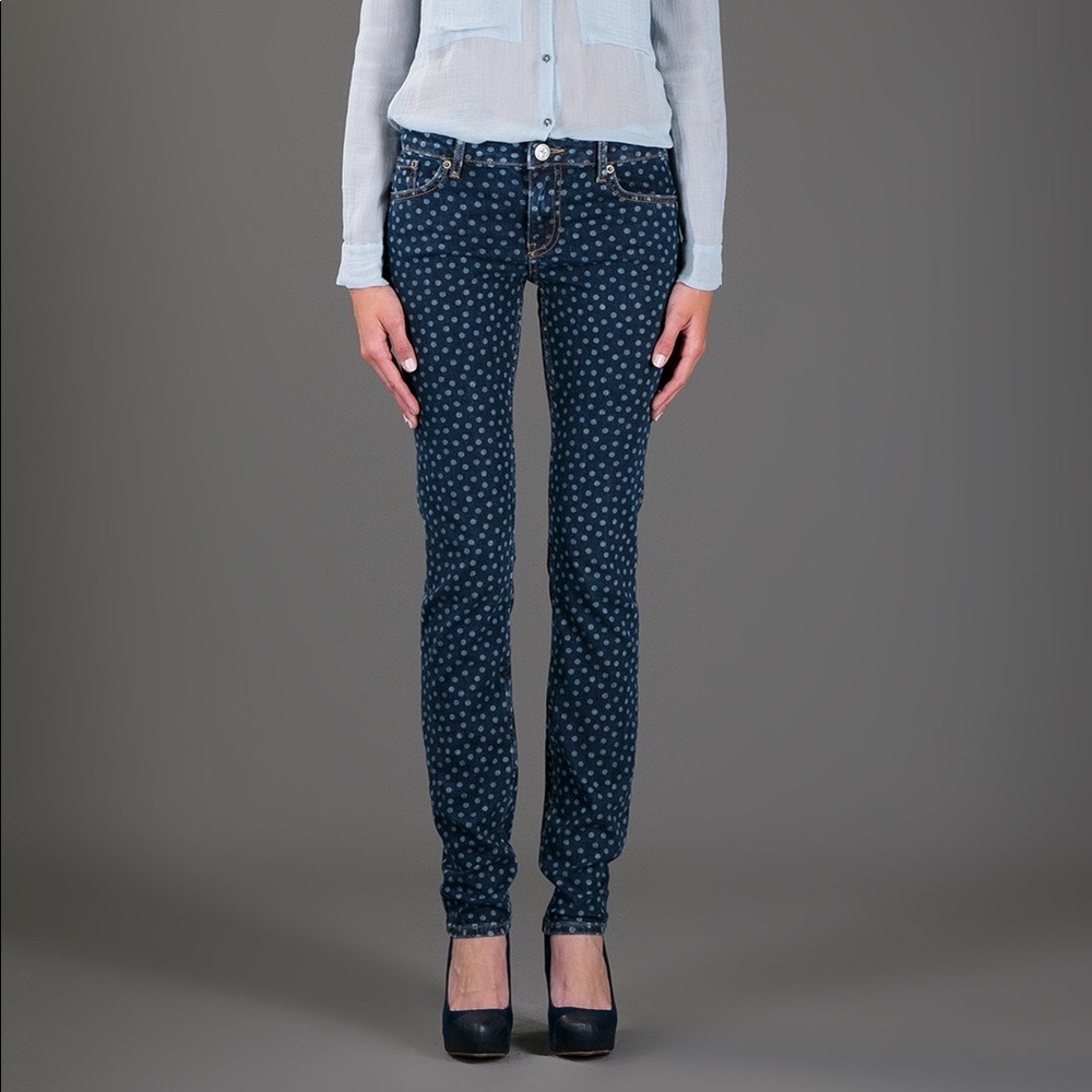 EUC RED Valentino Mid-Rise Skinny Leg blue polka dot jeans sz 28